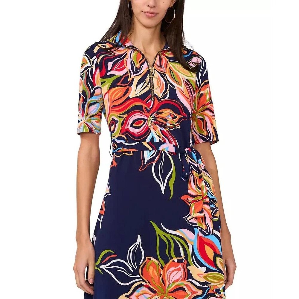 MSK Womens Navy Multicolor Floral Print Belted Midi Dress With Gold Ring Zipper - Picture 6 of 6